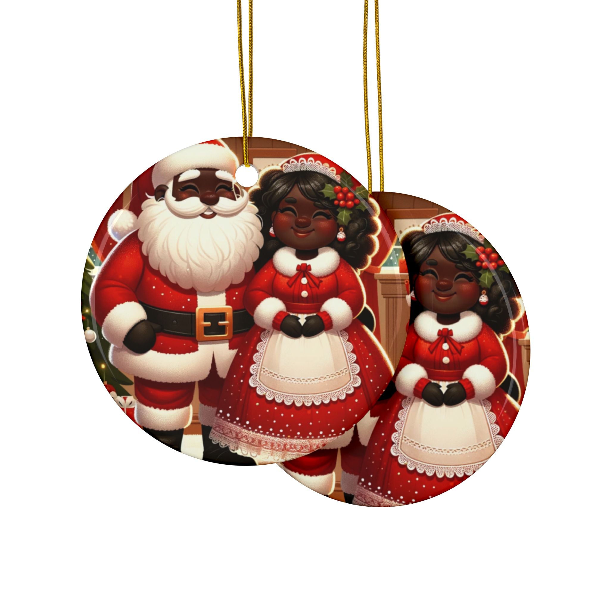 Black Santa and Mrs. Claus Decorative Ceramic Ornaments, Double-Sided (1pc, 3pcs, 5pcs, 10pcs)