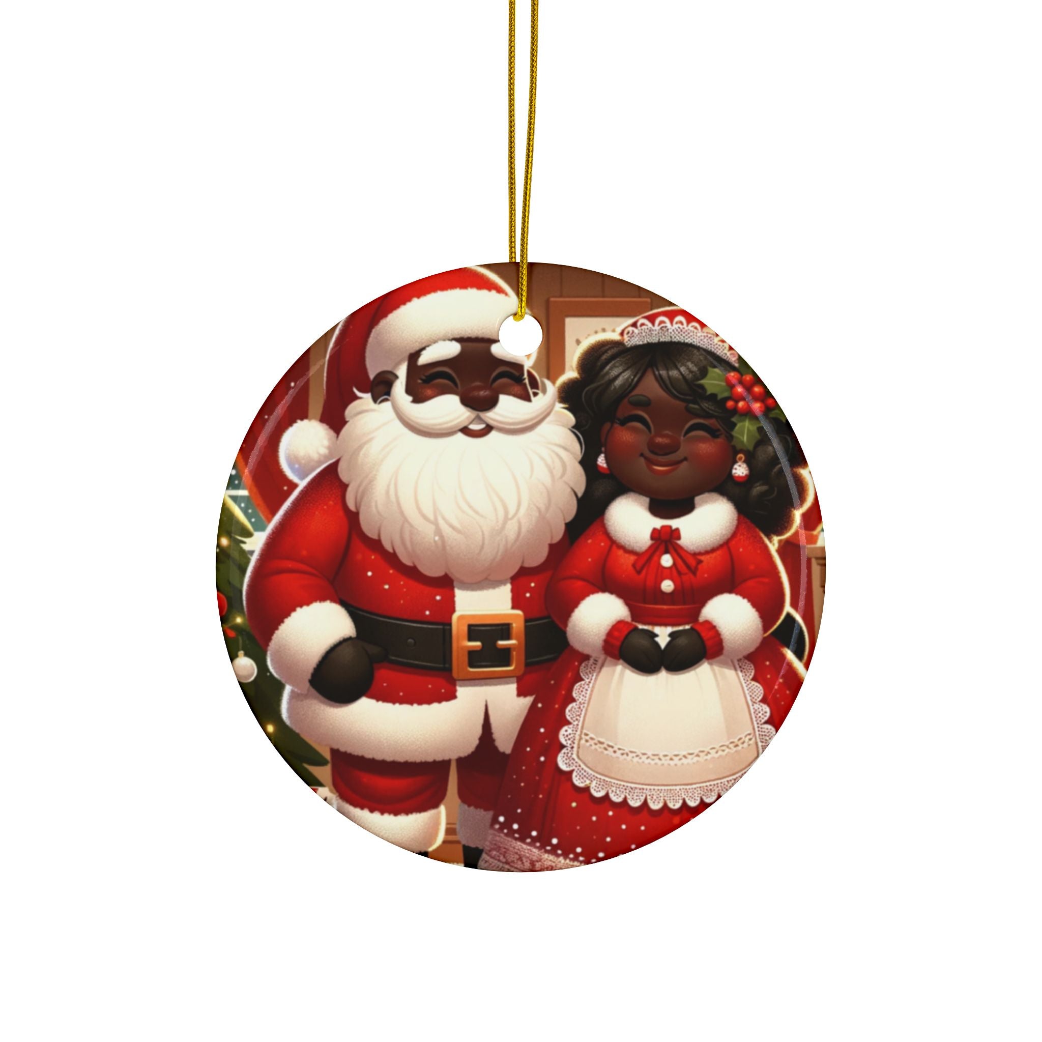 Black Santa and Mrs. Claus Decorative Ceramic Ornaments, Double-Sided (1pc, 3pcs, 5pcs, 10pcs)